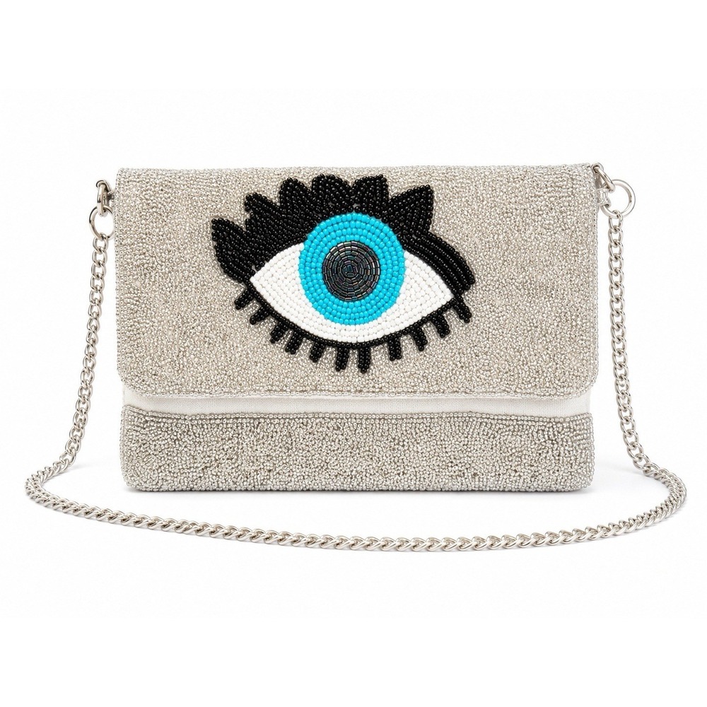 Boutique Mini Bag Silver Evil Eye Beaded Crossbody Clutch Boho Y2K Glam